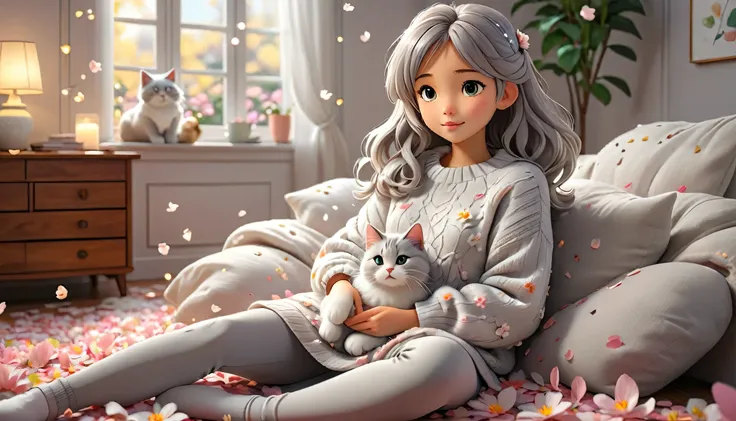 "((Lo-Fi drawing styles:1.5)), A heartwarming, highly detailed 3D-rendered illustration of a young woman in an anime style, relaxing in a living room covered in magical flower petals, wearing a casual oversized white sweater and light grey leggings, with a...