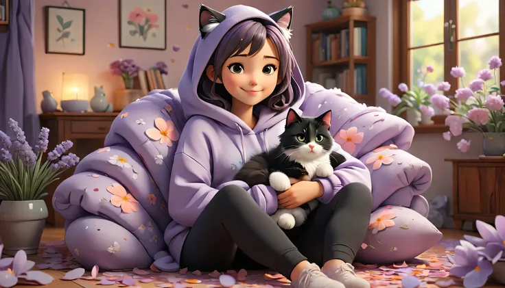 "((Lo-Fi drawing styles:1.5)), A heartwarming, highly detailed 3D-rendered illustration of a young woman in an anime style, relaxing in a living room filled with magical flower petals, wearing a soft lavender hoodie with black leggings, with a fluffy cat s...