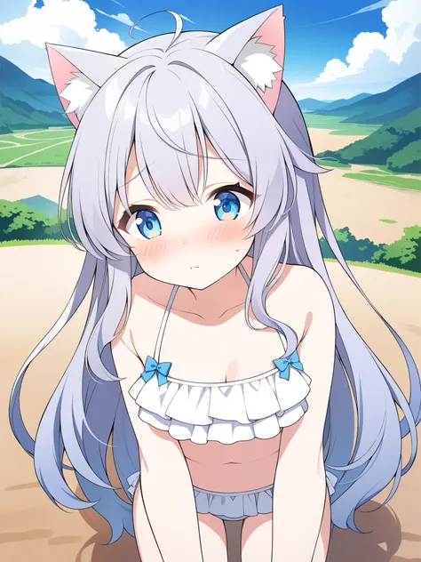 girl,,Low - Angle,ribbon,anime,Silver Hairstyle,high resolution,High resolution,detailed,Skin Texture,White ruffle bikini,Cheeks,Beautiful sparkling blue eyes,Gentle droopy eyes,Cat ear,valley,Embarrassing,cute,An illustration in motion,Half Twin Long Hair...