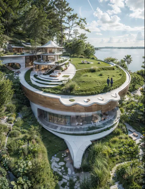 house on a black rock hanging cliff, the cliff is rocky, at the bottom there is flat grassland. the house is made in hut design ...