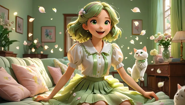 "((Lo-Fi drawing styles:1.5)), A heartwarming, highly detailed 3D-rendered illustration of a young woman in an anime style, relaxing in a living room filled with magical flower petals, wearing a chic white blouse with a pleated skirt in pastel green, and a...