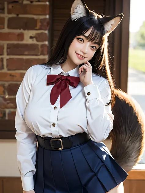 ((Best Quality, 8k)), ((masterpiece)), (Highest Resolution), Perfect Face, Woman with fox ears, Woman with a tail, Beautiful woman, She is a student at school, It was taken at school, Only one tail, She has thick thighs, Her big fox tail, I can see her fox...