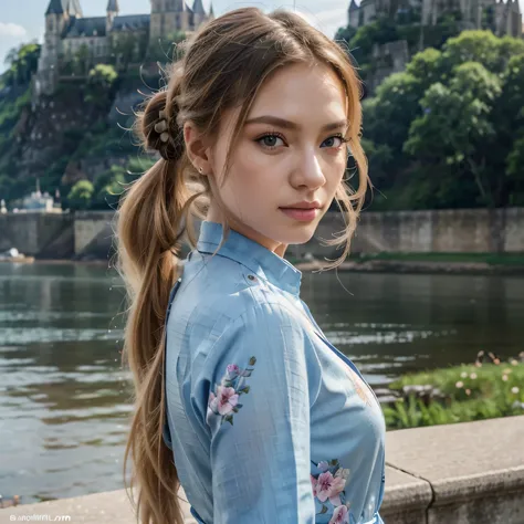 Beautiful Russian woman with blonde ponytail, beautiful, detailed eyes, beautiful, detailed lips, sexy figure, full body shot, wearing a floral jumpsuit, light blue fabric, with Mont Saint-Michel as the backdrop. (Best quality 4k, 8K high resolution master...