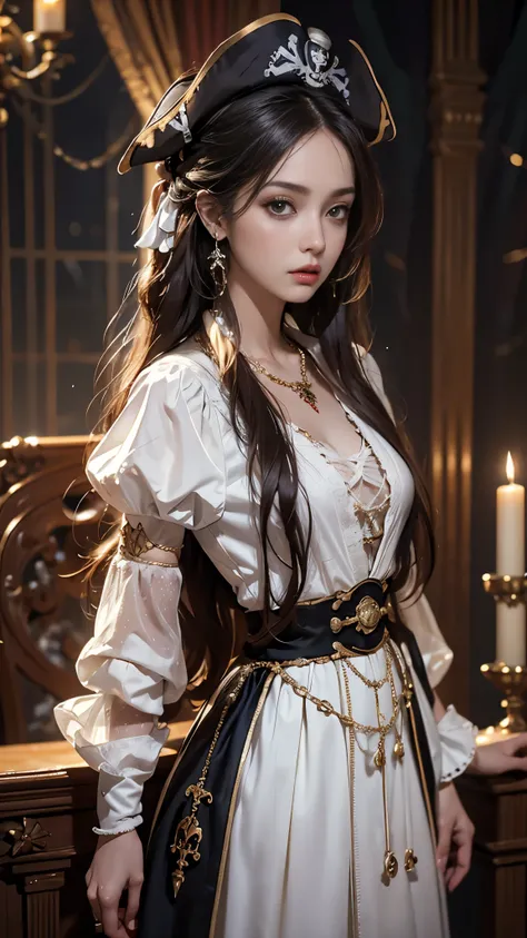 8K ultra hd, masterpiece, best quality, a beautiful girl, long hair, impressive hairstyle, royal hair jewelry, jewellery earrings, antique jewellery, details eyes, beautiful detailed lips, ((pirate outfit)), ((white clothing)), ((mesh white laces)), ((mesh...