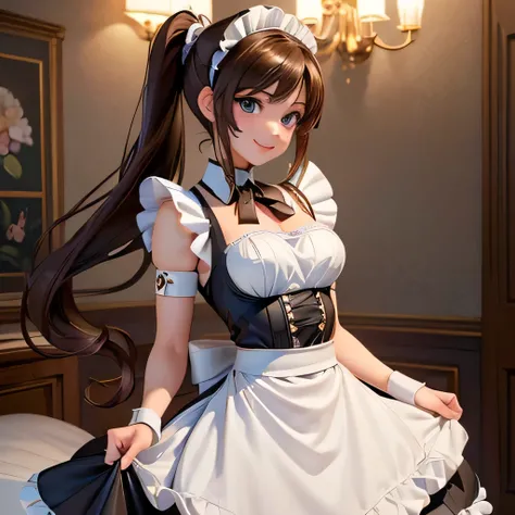 ((masterpiece,best quality,ultra-delicate,Perfect Face,perfect eyes,16k,high resolution,very beautiful girl)),((Best Anime)),sharpnes,clear,The Art of Phenomenal Depictions,brown hair,pony tail,(1 girl),(Maid costume,smile:1.4),cowboy shot