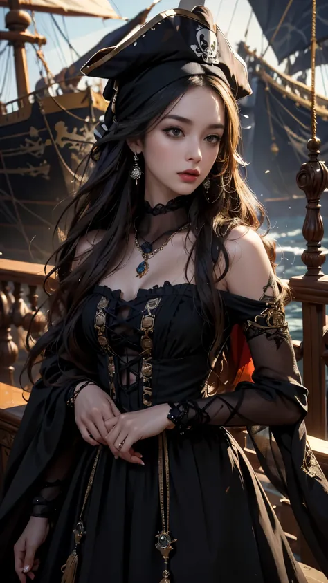 8K ultra hd, masterpiece, best quality, a beautiful girl, long hair, impressive hairstyle, royal hair jewelry, jewellery earrings, antique jewellery, details eyes, beautiful detailed lips, ((pirate outfit)), ((black clothing)), ((mesh black laces)), ((mesh...