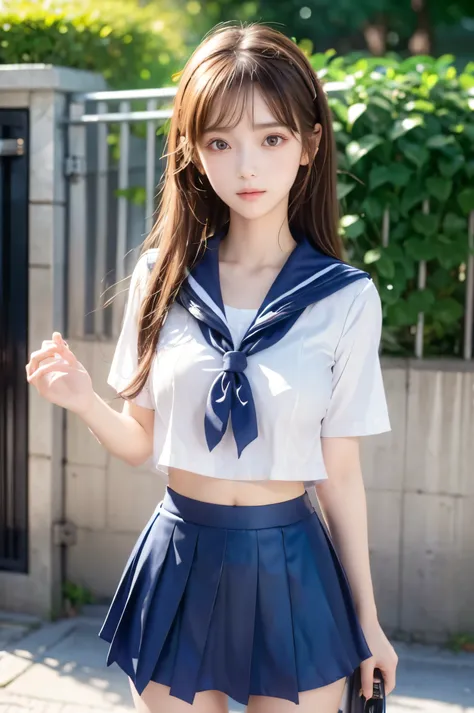 (Ultra HD), (Looking at me), (Short-sleeved sailor uniform, Navy blue mini skirt), Big Breasts, Super beautiful breasts, Slender, (Thin legs:1.2), (Thin thighs:1.2), (Thin Hips:1.4), (Beautiful Skin, Shiny skin, White skin), (Super slim face, Super beautif...