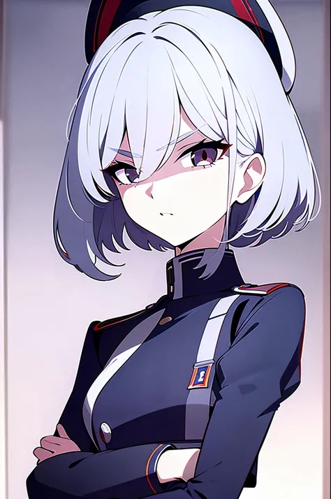 Carabinieri officer, beautiful italian girl, cute, carabinieri officer uniform, black and red uniform, short height, cute face, short bob, silver hair, italian carabinieri, red face, haughty expression, pretty face, childlike figure, small breasts, italian...