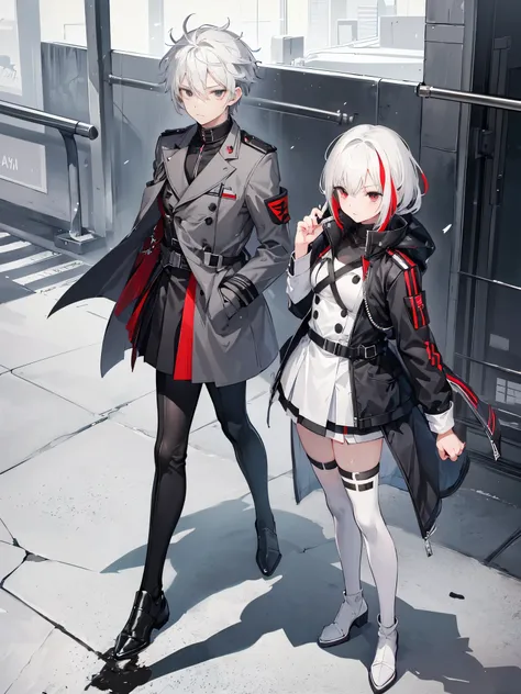 1boy, black eyes, full body, anime-style, battlefield, grey double-breasted military jacket, crossdressing, white hair with a red streak in the left of his hair, grey skirt, white stockings