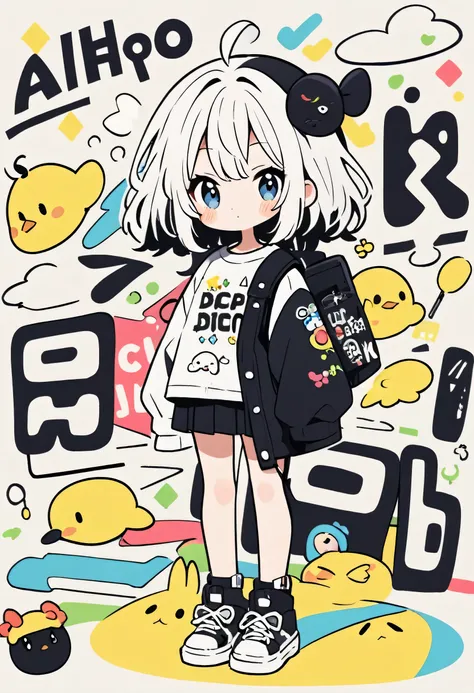 Ultra-realistic Hayao Miyazaki black and white style, Simple line acronym abstract art, kawaii design, (((Background is Disposal))), Street Style, Cute chick