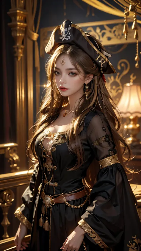 8K ultra hd, masterpiece, best quality, a beautiful girl, long hair, impressive hairstyle, royal hair jewelry, jewellery earrings, antique jewellery, details eyes, beautiful detailed lips, ((pirate outfit)), ((golden clothing)), ((mesh golden laces)), ((me...