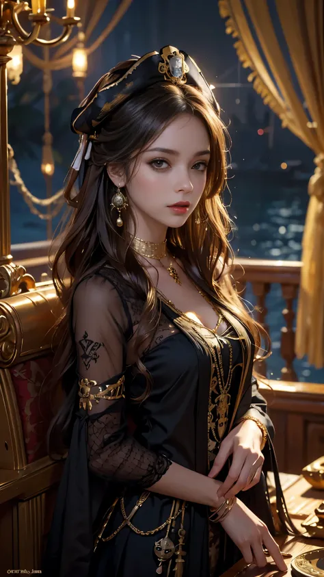 8K ultra hd, masterpiece, best quality, a beautiful girl, long hair, impressive hairstyle, royal hair jewelry, jewellery earrings, antique jewellery, details eyes, beautiful detailed lips, ((pirate outfit)), ((golden clothing)), ((mesh golden laces)), ((me...