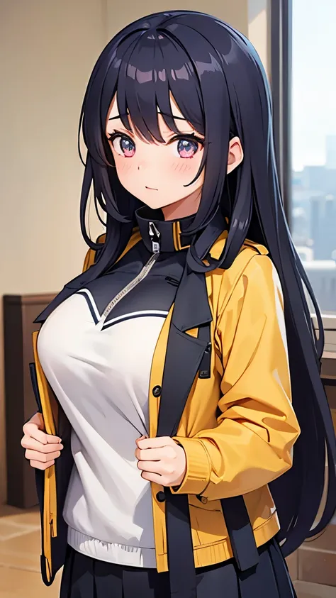 1girl, long hair, blushing, busty, oversize jacket