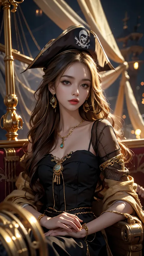 8K ultra hd, masterpiece, best quality, a beautiful girl, long hair, impressive hairstyle, royal hair jewelry, jewellery earrings, antique jewellery, details eyes, beautiful detailed lips, ((pirate outfit)), ((golden clothing)), ((mesh golden laces)), ((me...