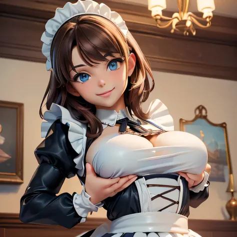 ((masterpiece,best quality,ultra-delicate,Perfect Face,perfect eyes,16k,high resolution,very beautiful girl)),((Best Anime)),sharpnes,clear,The Art of Phenomenal Depictions,brown hair,(1 girl),large breasts,blue eyes,,(Maid costume,smile:1.4),cowboy shot,