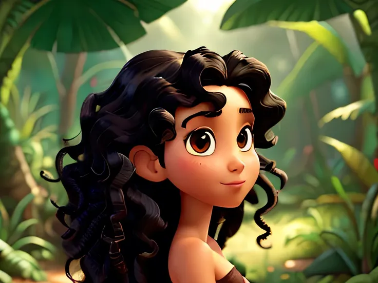 portrait of a latin womanwith curly long black hair, black eyes / (no clothes), in the jungle as background / Disney-Pixar Style, perfect shapes, intricate texture, 