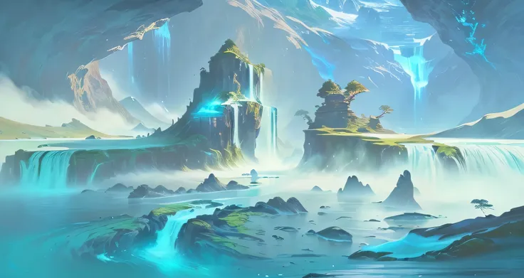 there is a painting of a waterfall, environment concept art, environmental concept art, environment design illustration, avatar landscape, background art, background artwork, concept art digital illustration, environment and concept art, primordial waters,...