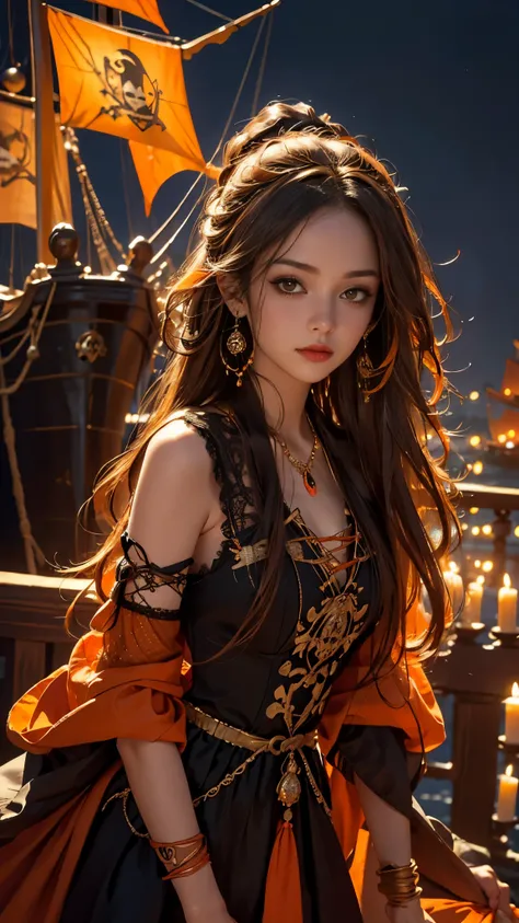 8K ultra hd, masterpiece, best quality, a beautiful girl, long hair, impressive hairstyle, royal hair jewelry, jewellery earrings, antique jewellery, details eyes, beautiful detailed lips, ((pirate outfit)), ((orange clothing)), ((mesh orange laces)), ((me...