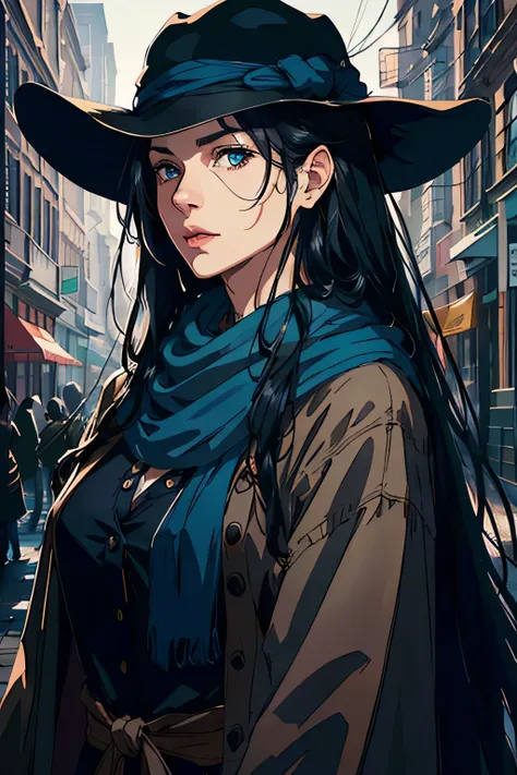 A woman with long black hair, wearing a blue scarf around her neck, dressed in full hunter brown clothes, beautiful detailed eyes, beautiful detailed lips, extremely detailed face, (best quality,4k,8k,highres,masterpiece:1.2),ultra-detailed