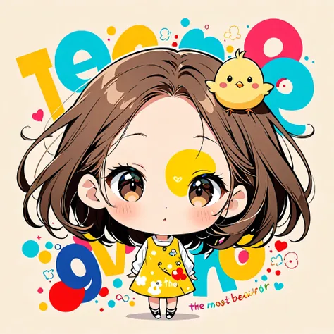 The hyper-realistic and colorful style of Yoshitomo Nara, Simple Line Acronym，Abstract art，(((The most beautiful girl ever))), Chibi, Cute design,  (((Cute chick)))