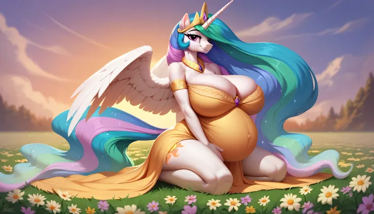 score_6_up, score_7_up score_8_up, score_9_up, (masterpiece), best quality, high res, detailed, 8k, hyper detail, expressive eyes, perfect face, tiara, bedroom eyes, looking at viewer, kneeling, very long hair, Princess Celestia, pony, anthro, smile, tall,...