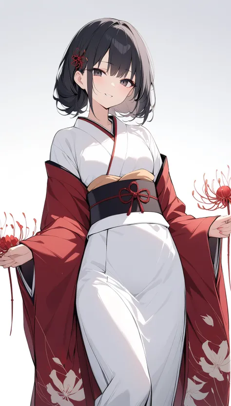 {{masterpiece}}, ,Attention to detail,One Woman、18 years old、Perfect proportions、Black Hair、Dark Eyes、((White background)),from front、Suspicious Smile、Red spider lily、kimono