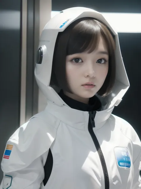 a female android with a short bob and a baby face、extraterrestrial activity version、wearing a white space suit, partially see-th...