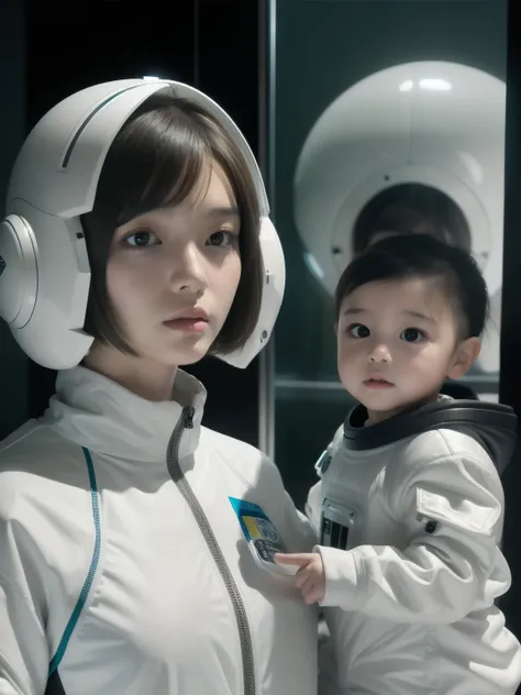 a female android with a short bob and a baby face、extraterrestrial activity version、wearing a white space suit, partially see-th...