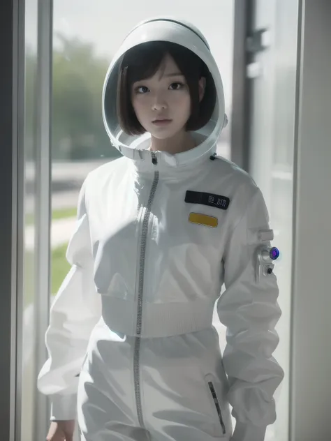 a female android with a short bob and a baby face、extraterrestrial activity version、wearing a white space suit, partially see-th...