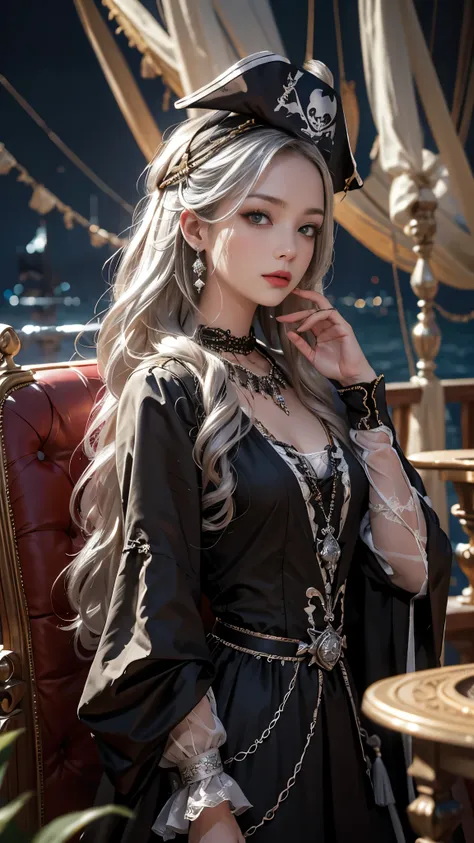 8K ultra hd, masterpiece, best quality, a beautiful girl, long hair, impressive hairstyle, royal hair jewelry, jewellery earrings, antique jewellery, details eyes, beautiful detailed lips, ((pirate outfit)), ((silver clothing)), ((mesh silver laces)), ((me...