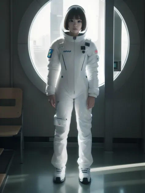 A female android with a short bob and a baby face、Extraterrestrial activity version、Wearing a white space suit, partially see-through、Full body image、