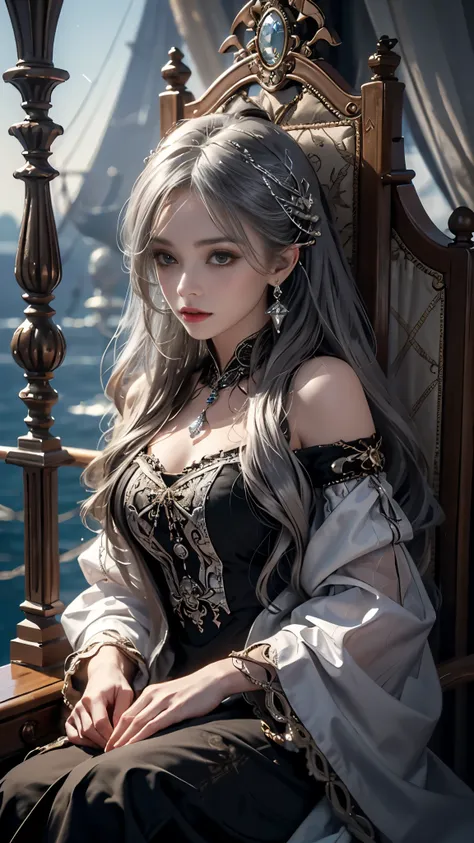 8K ultra hd, masterpiece, best quality, a beautiful girl, long hair, impressive hairstyle, royal hair jewelry, jewellery earrings, antique jewellery, details eyes, beautiful detailed lips, ((pirate outfit)), ((silver clothing)), ((mesh silver laces)), ((me...