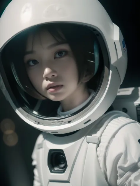 A female android with a short bob and a baby face、Extraterrestrial activity version、Wearing a white space suit、Partially see-through、Commemorative photo taken on the moon、