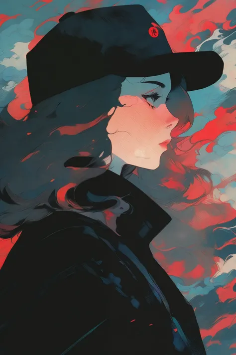 Close-up of a person wearing a hat and a black jacket, Poster Art：Satoshi Sato, Tumbler, Serial Art, satoshi kon artstyle, Kathe Butcher, Illustration Style, style of Alena Aenami, style of satoshi kon, Artistic. Alena Aenami, art of Alena Aenami, In the s...