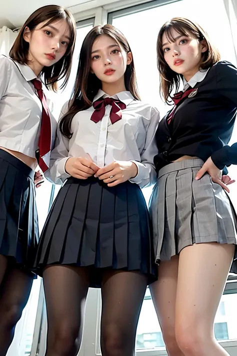 masterpiece, 4k, bokeh, (school uniform:1.3), beautiful girls, group photo, harem, multiple girls, (three girls in:1.6), (bob ha...