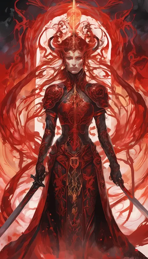 A detailed graffitipunk digital watercolor of a regal figure, standing amidst swirling rivers of blood. Their armor is sleek and reflective, with veins of glowing red light running through every plate. Their hands are bound by crimson chains that pulse wit...