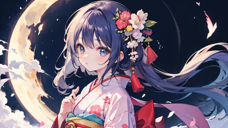 moon and girl, cute, kimono,