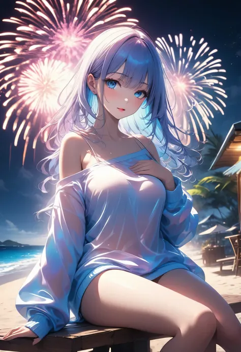 cool beauty, glossy silky hair, captivating eyes, amorous and lewd expression, right index finger on breast, wearing shoulder-less loose knit sweater, perfect proportions, BREAK night, open cafe on the beach, sitting, background huge fireworks, BREAK delic...