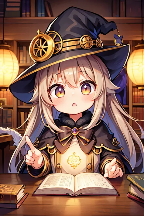 (Best Quality:1.3)。steampunk。One Girl。Little cute witch。Light brown fluffy long hair。A little surprised look。Learn great magic from the dragon。The background is a stone library。Lamp light。