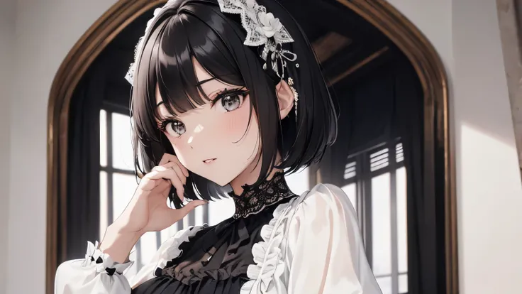 A beautiful woman wearing a black and white blouse and skirt with lots of frills and lace　Black medium bob hair with hair ornament　Upper Body　lipstick