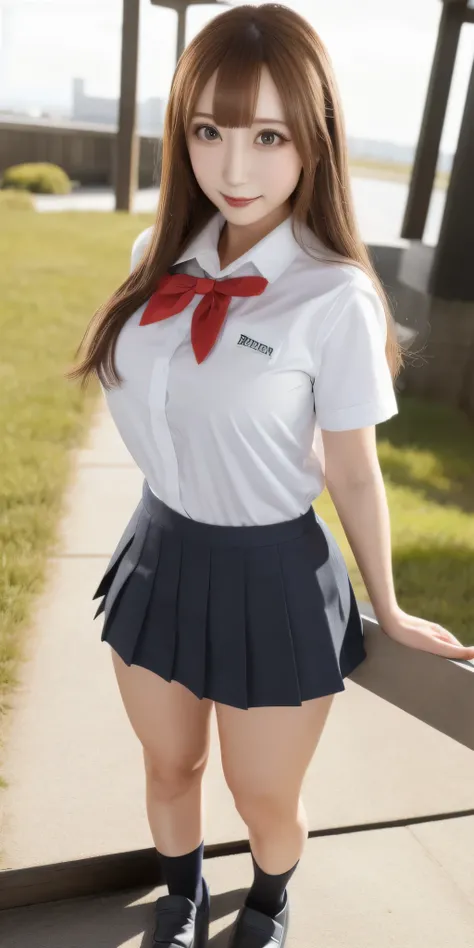 Japanese women, 23 years old, Above Orihime, Very huge_chest, standing, Alone, School_Uniform_white_shirt_red_Bowtie_gray_mini skirt, masterpiece, Best Quality, Detailed face, Detailed eyes, High resolution, (((whole body))), ((black student loafers)), 