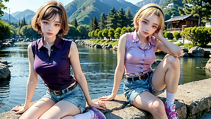 1 woman, mature woman, solo, NOT DASHA TARAN, full body standing, perfect body, best quality, 32k, photograph, full body (head to toe), tone mapping, ((houjou satoko,short hair,black hairband,blonde hair,violet eyes,hair between eyes,collared shirt,sleevel...