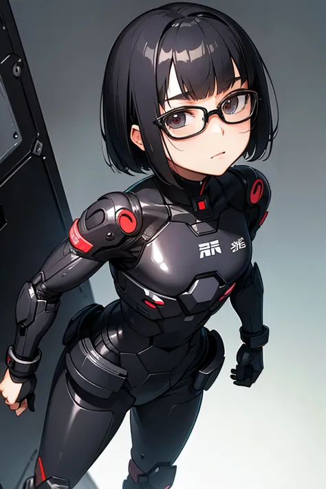 18 year old Japanese girl, Petite, Short bob black hair, Black round glasses, Sci-fi combat suit