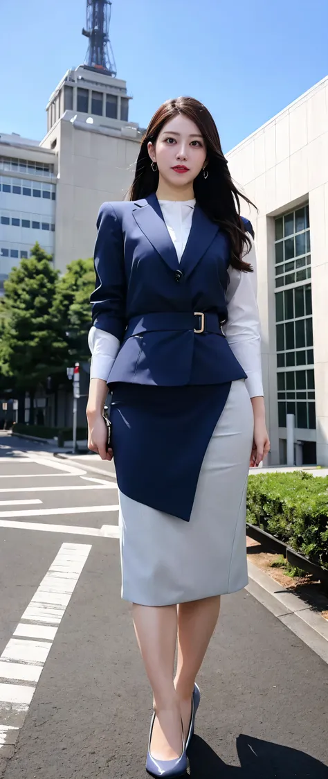 Please redeem、masterpiece、Ultra-high resolution、(Realistic:1.4)、Downtown Tokyo、woman、ライオンから逃げるwoman、(((spinning)))、Navy、beautiful woman、business suit、skirt、Handbags、High heels