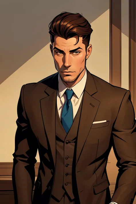 Illustration. handsome man. Suit. attorney. rico. Brown hair combed back. It should look like the Shaib Faber model. drawing style. 