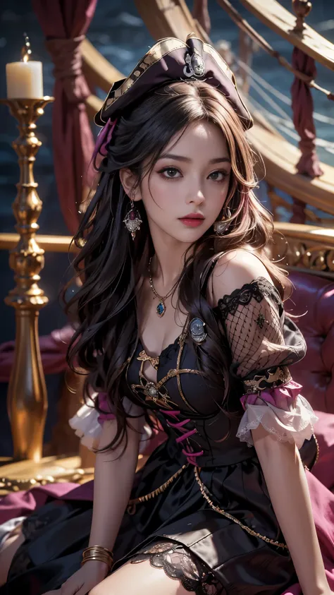 8K ultra hd, masterpiece, best quality, a beautiful girl, long hair, impressive hairstyle, royal hair jewelry, jewellery earrings, antique jewellery, details eyes, beautiful detailed lips, ((pirate outfit)), ((magenta clothing)), ((mesh magenta laces)), ((...