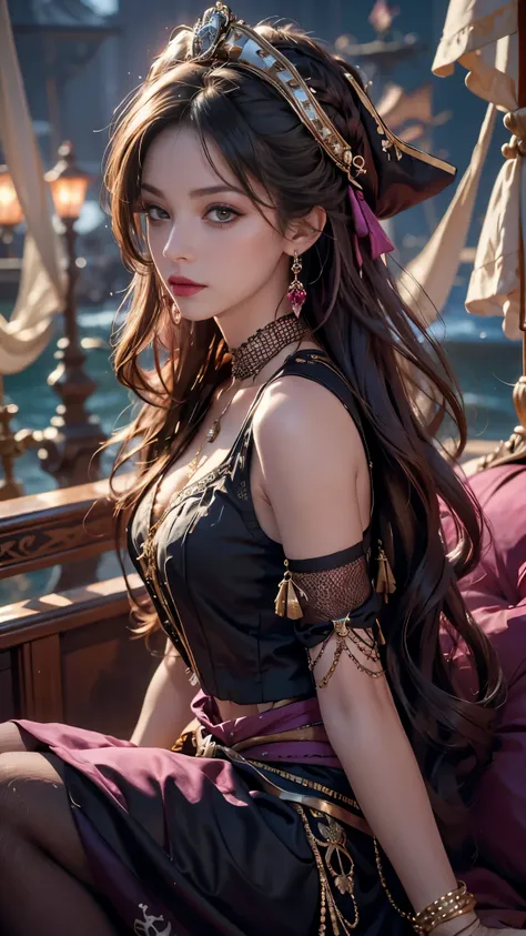 8K ultra hd, masterpiece, best quality, a beautiful girl, long hair, impressive hairstyle, royal hair jewelry, jewellery earrings, antique jewellery, details eyes, beautiful detailed lips, ((pirate outfit)), ((magenta clothing)), ((mesh magenta laces)), ((...