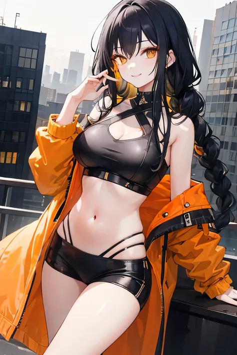 A girl with long, thin braided black hair, beautiful orange, slightly slanted eyes, and a mischievous smile, about the size of a high school girl.。Her outfit is a soft, grey cyberpunk look with orange and yellow accents, showing her navel, and is not too f...