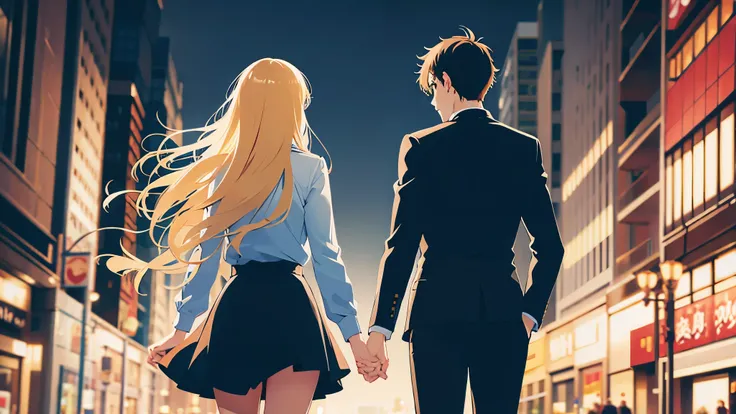 Back view of a man and woman in suits walking together through the city at night、Woman has long blonde hair、Black Skirt