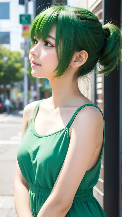 Bob Hair、Short Twin Tails、Green Hair、cute、kind、Healing、White Dress、Beautiful clavicle、Walking Pose、Japanese anime style illustration、1 person、Yellow background